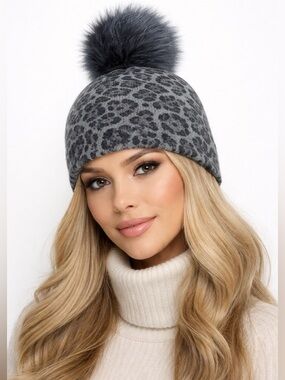 Sofia Cashmere Leopard Print Pom Beanie | Gray Cashmere Hat with Faux Fur Pom OS